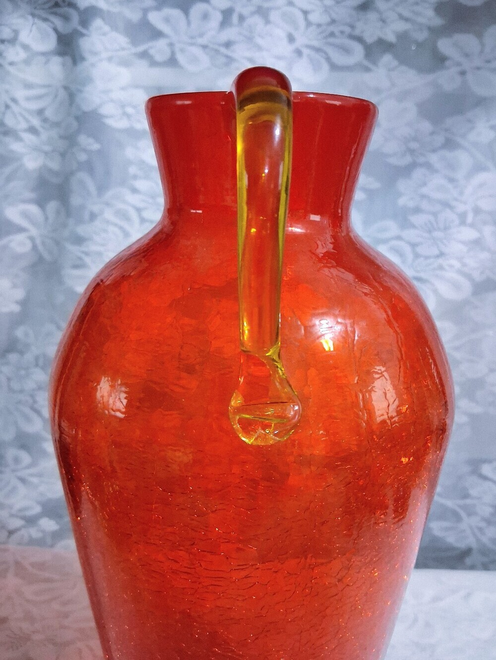 Vintage Large Pilgrim Tangerine Orange Crackle Glass Pitcher Ewer 13” UV React - Picture 7 of 17